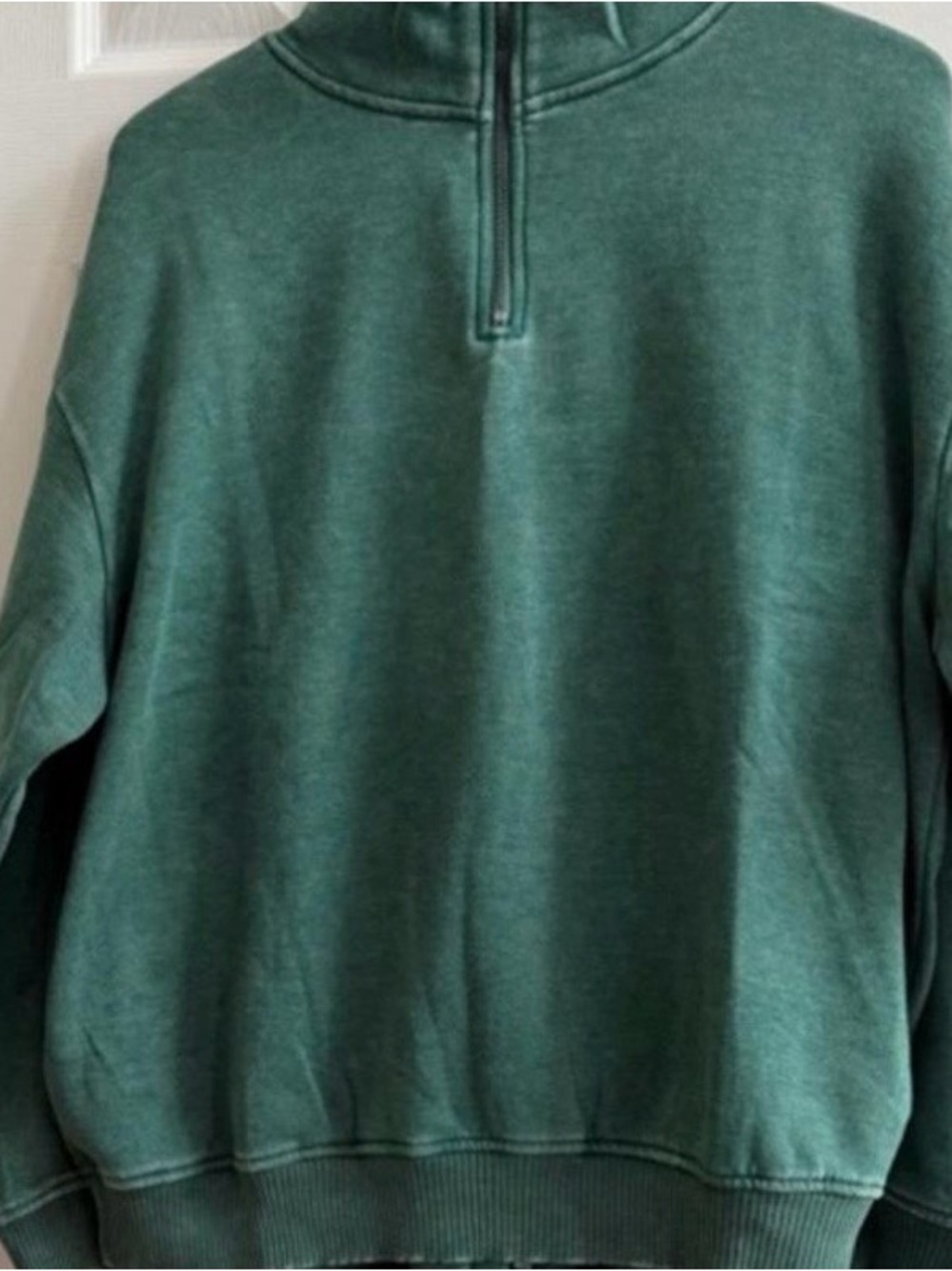 Zenana Acid Wash Half Zip Sweatshirt Dark Green - Size Large - Picture 4 of 4